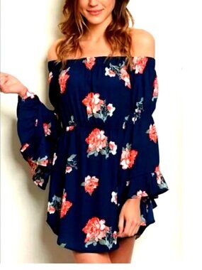 Navy Floral Off Shoulder Mini Dress Bell Sleeve Boho Flowy Tunic Women Large NWT